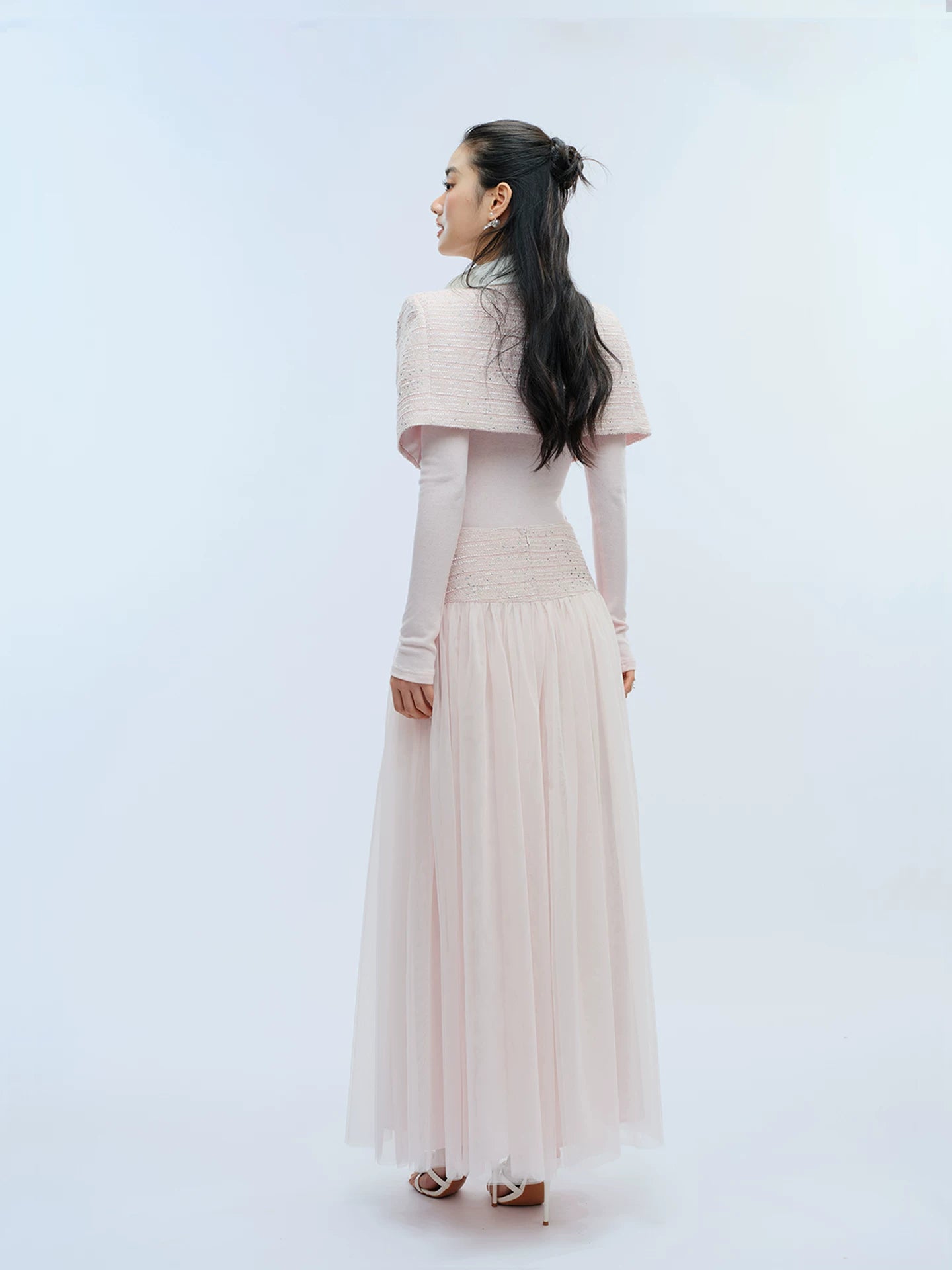 J TheChosen Satin Stand-Up Collar Shawl Mesh Skirt Set
