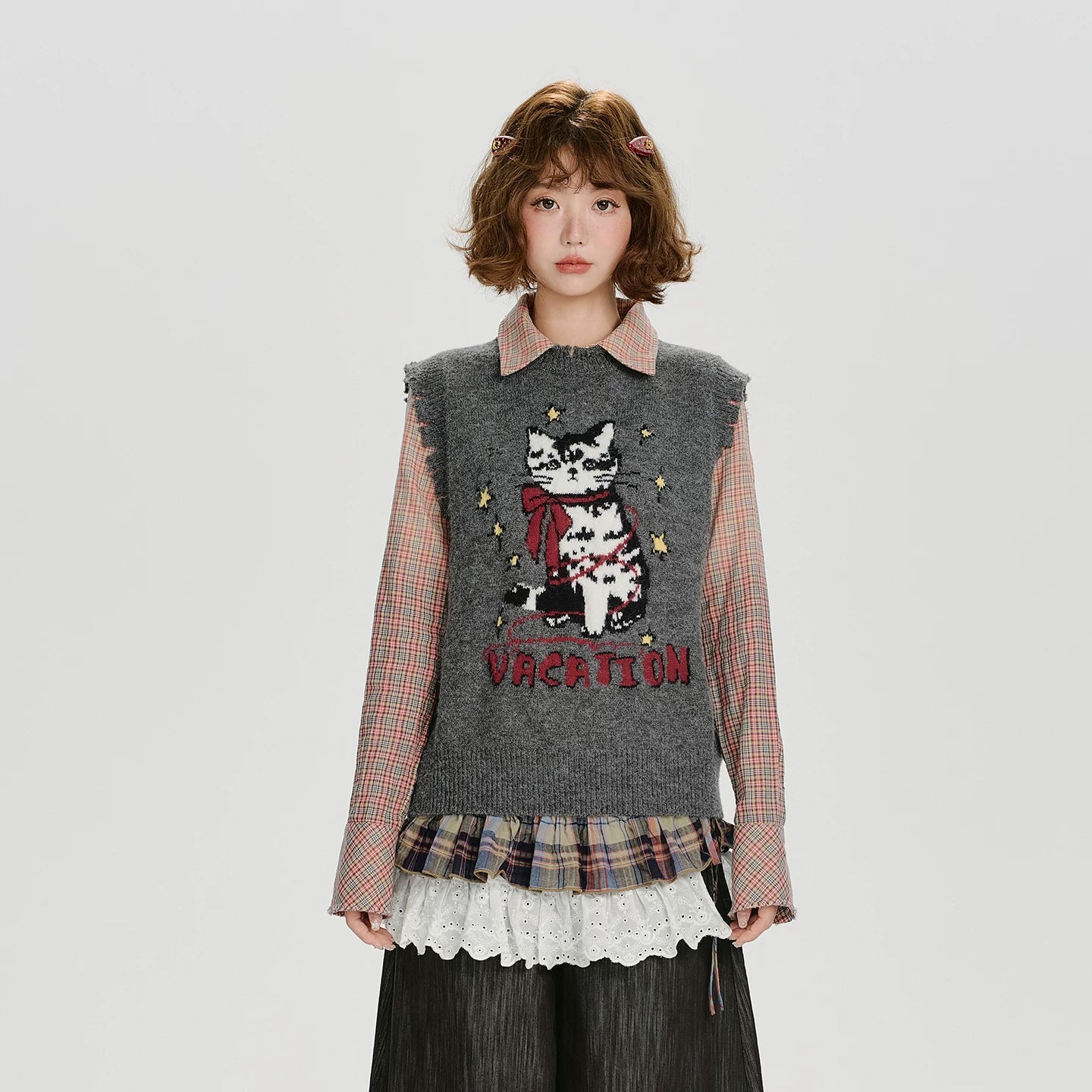 Girlyhalo Vintage Checkered Lace Stacked Fart Curtain