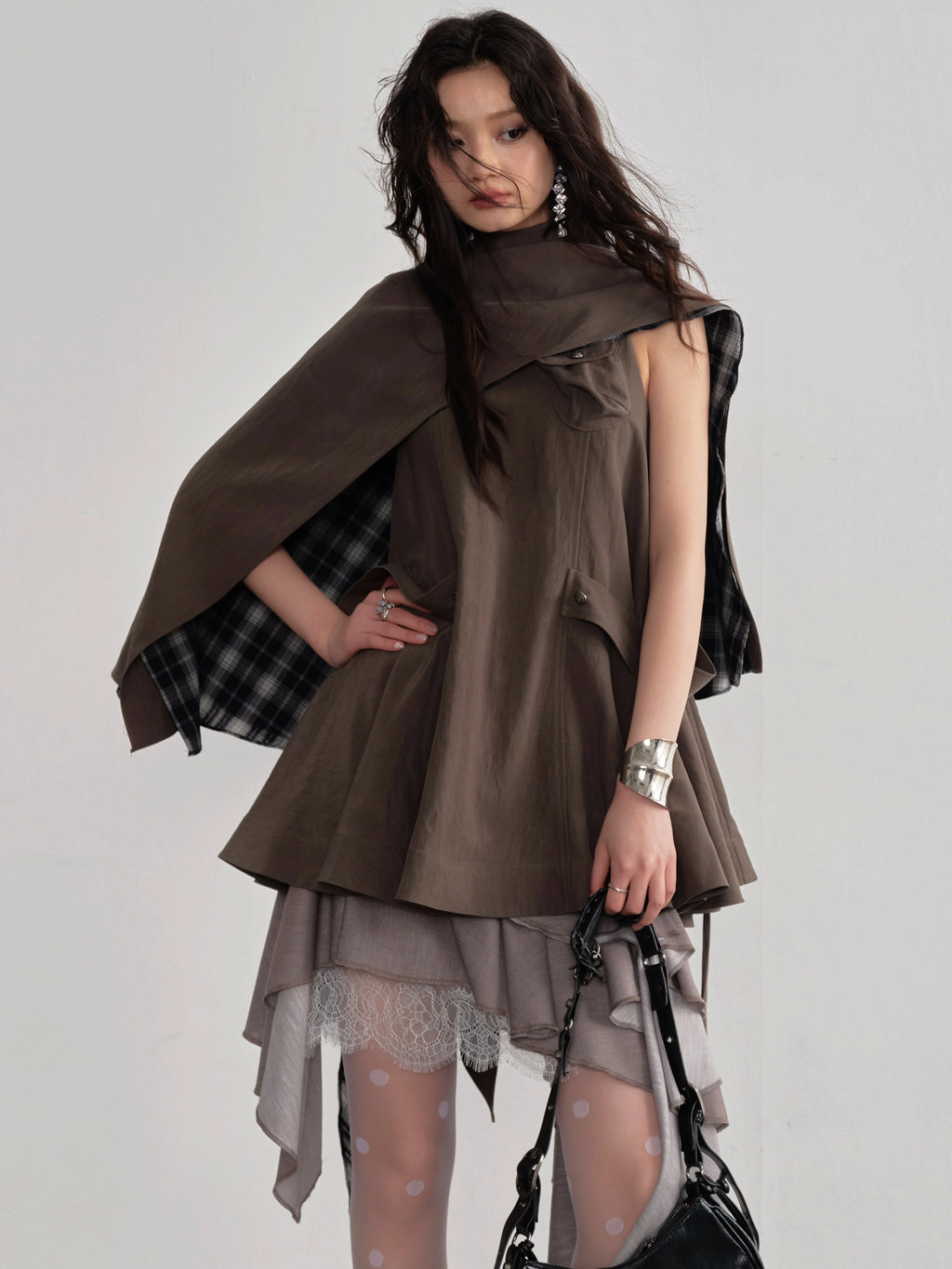 JNYLON Vintage Lace Stitching Asymmetrical Skirt