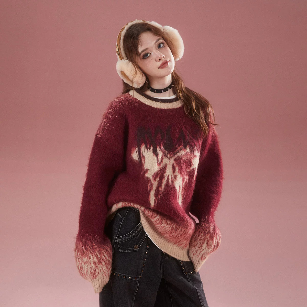 Imone Retro Gradual Change Splash Ink Butterfly Jacquard Sweater