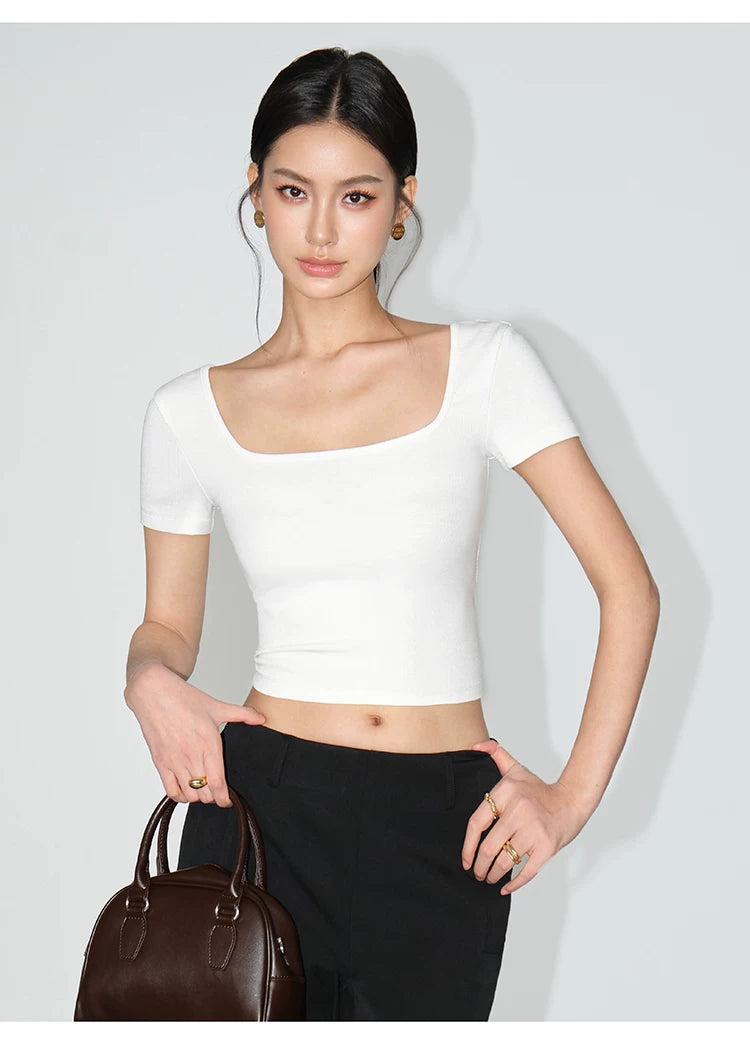 NEVA HU Square Collar Slim-fitting Versatile Short Button Tee