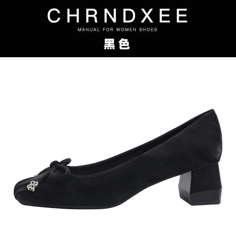 CHRNDXEE Pleated Flannel Square Head Shallow Mouth Middle Heel Single Shoes