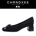 CHRNDXEE Pleated Flannel Square Head Shallow Mouth Middle Heel Single Shoes