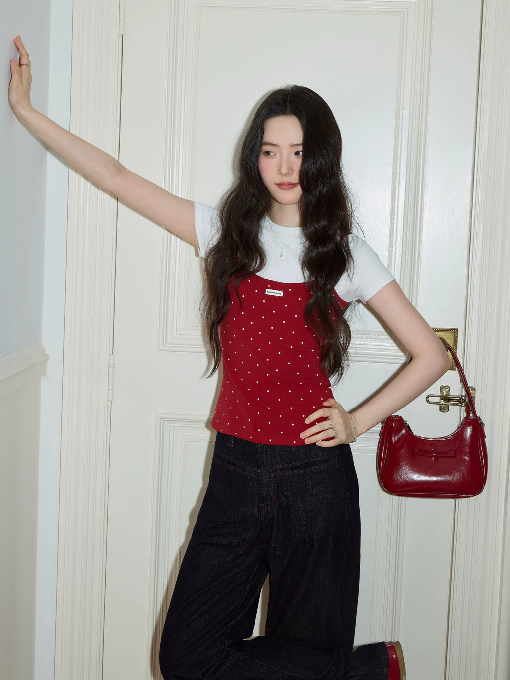 XUJING Fake Two Pieces Round Neck Polka Dot Slim Tee