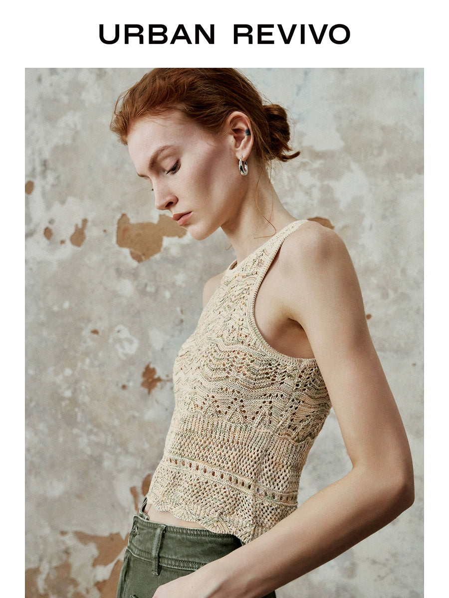 URBAN REVIVO Lazy Crochet Wavy Edge Sleeveless Knitted Sweater