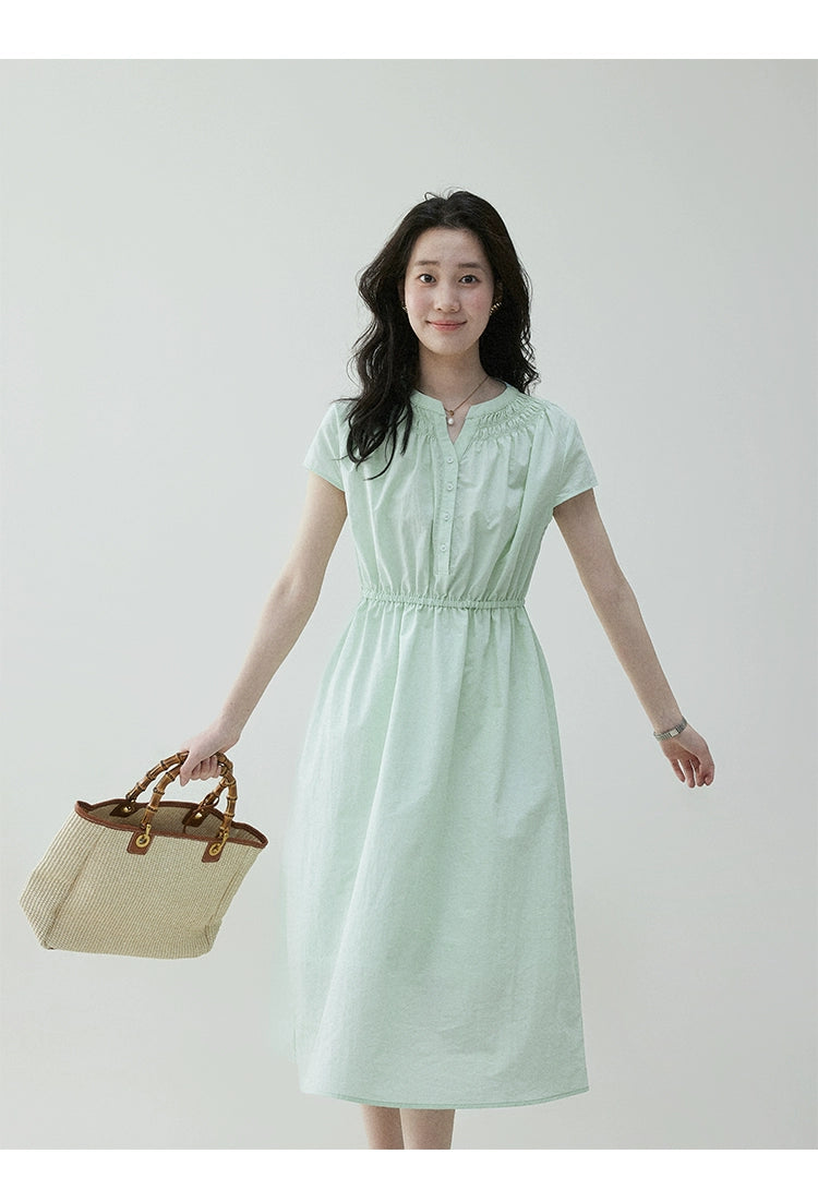 VOOE Pleated V-neck Waist Short-sleeved Dress
