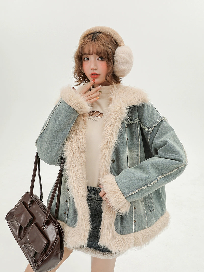 Girlyhalo Vintage Plush Denim Jacket