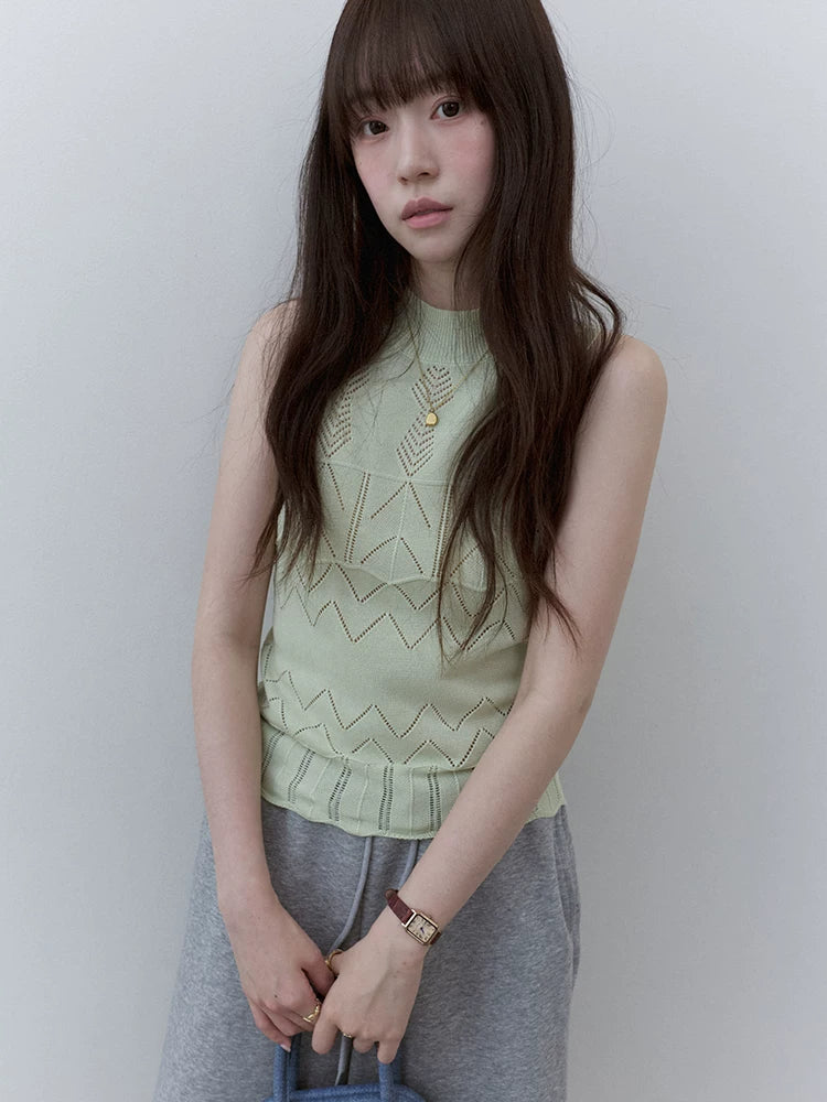 VOOE Crew Neck Hollow Jacquard Knitted Skinny Vest