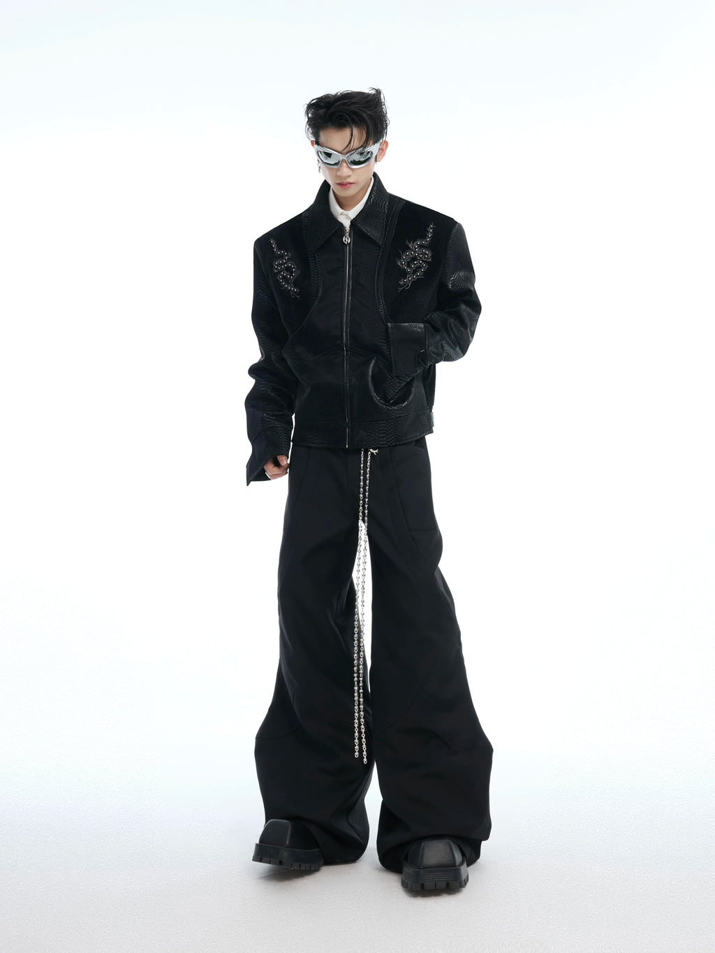ArguECulturE Snakeskin Stitching Embroidered Slim-fit Leather Jacket