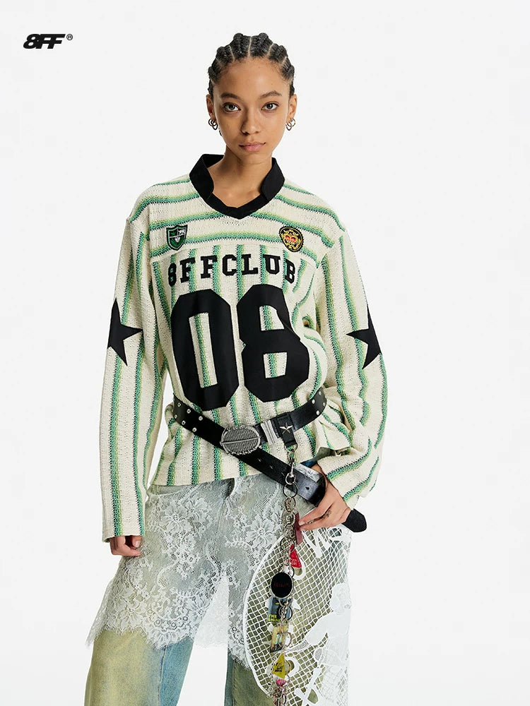 8FF Retro Embroidered Short Loose Casual Striped Long Sleeve