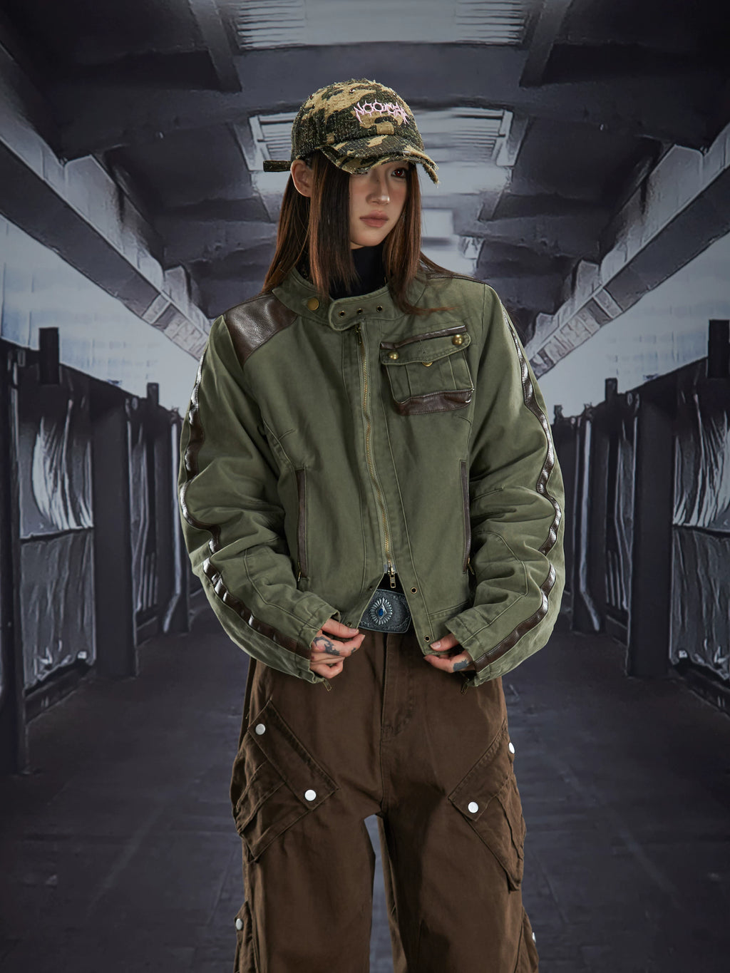 NOMANIAI Retro Stand-up Collar Leather Contrasting Color Thickened Cotton Jacket