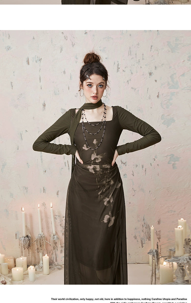 Imone Butterfly Print Pleated Mesh Dress