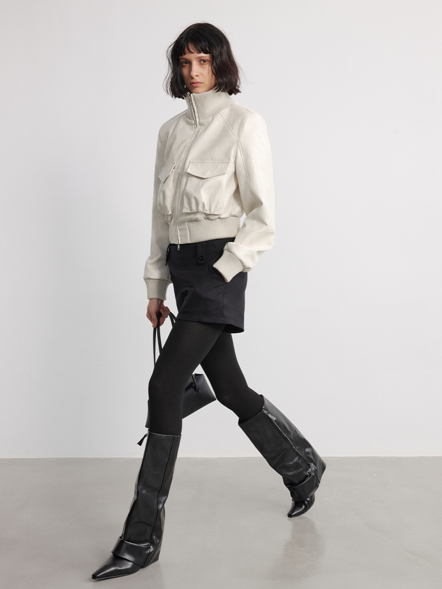 JCAESAR WOMEN Pleated Short Leather Jacket