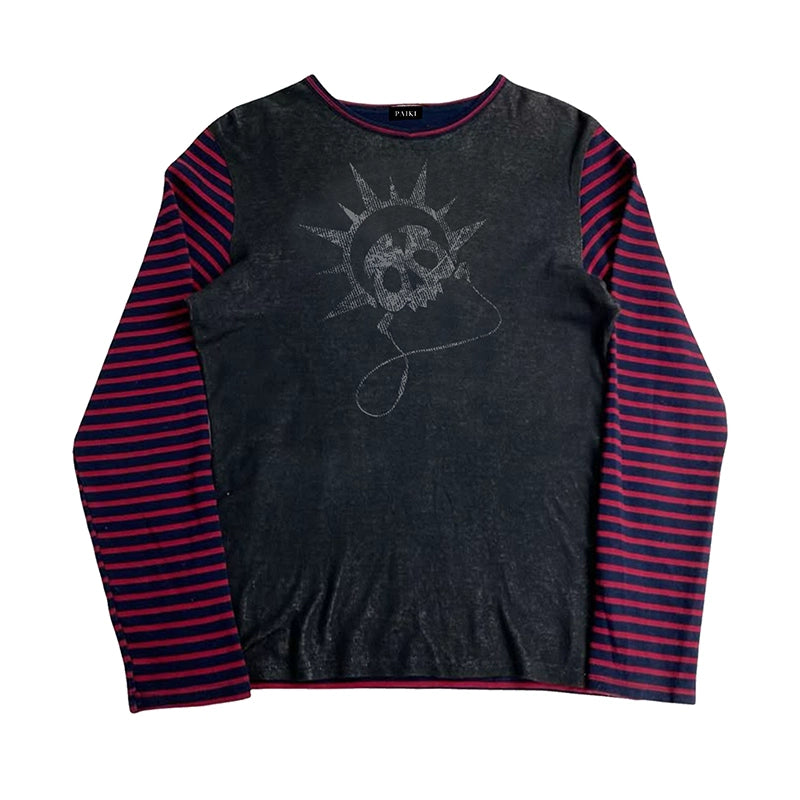 PAIKI Headphones Skull Striped Splicing Long-sleeved Sweater