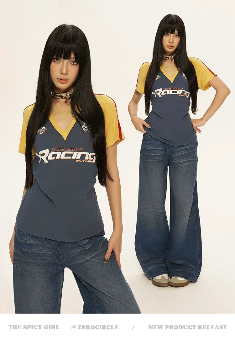 Zero Shoulder V-neck Slim Fit Contrasting Splicing Tee