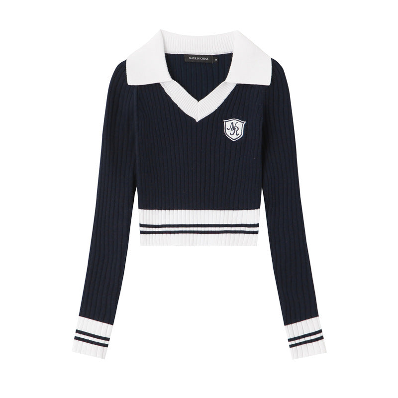 Nariele College Knitted Lapel Contrast Top