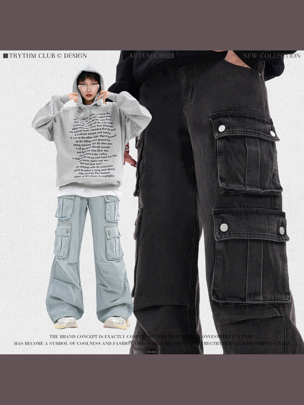 TRYTHMCLUB Vintage Wide Leg Straight Loose Multi-Pocket Jeans