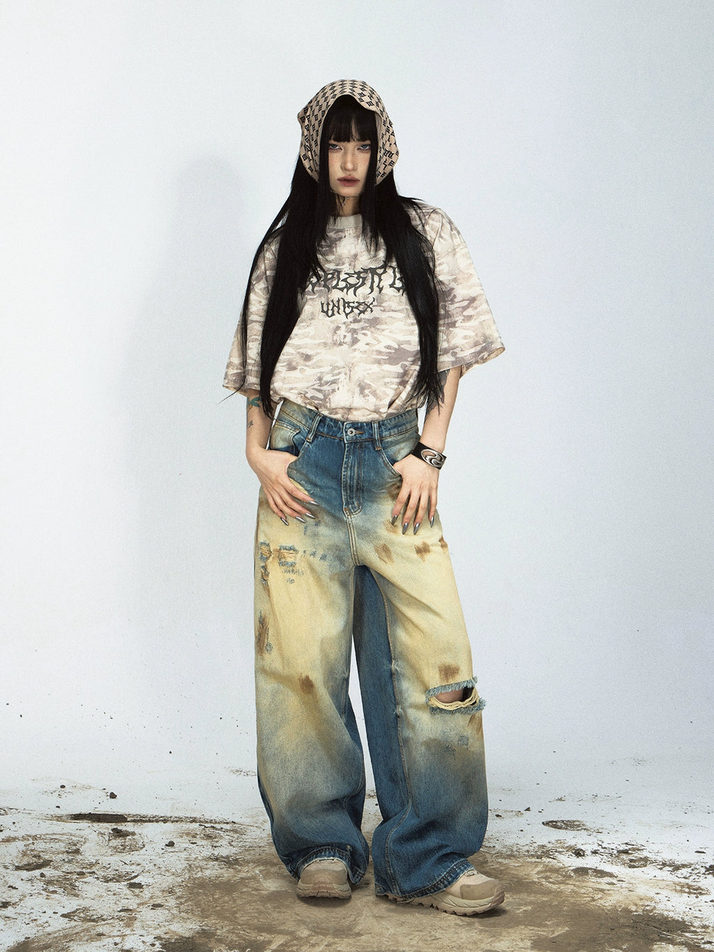 PEOPLESTYLE Yellow Mud-dyed Ripped Straight Jeans