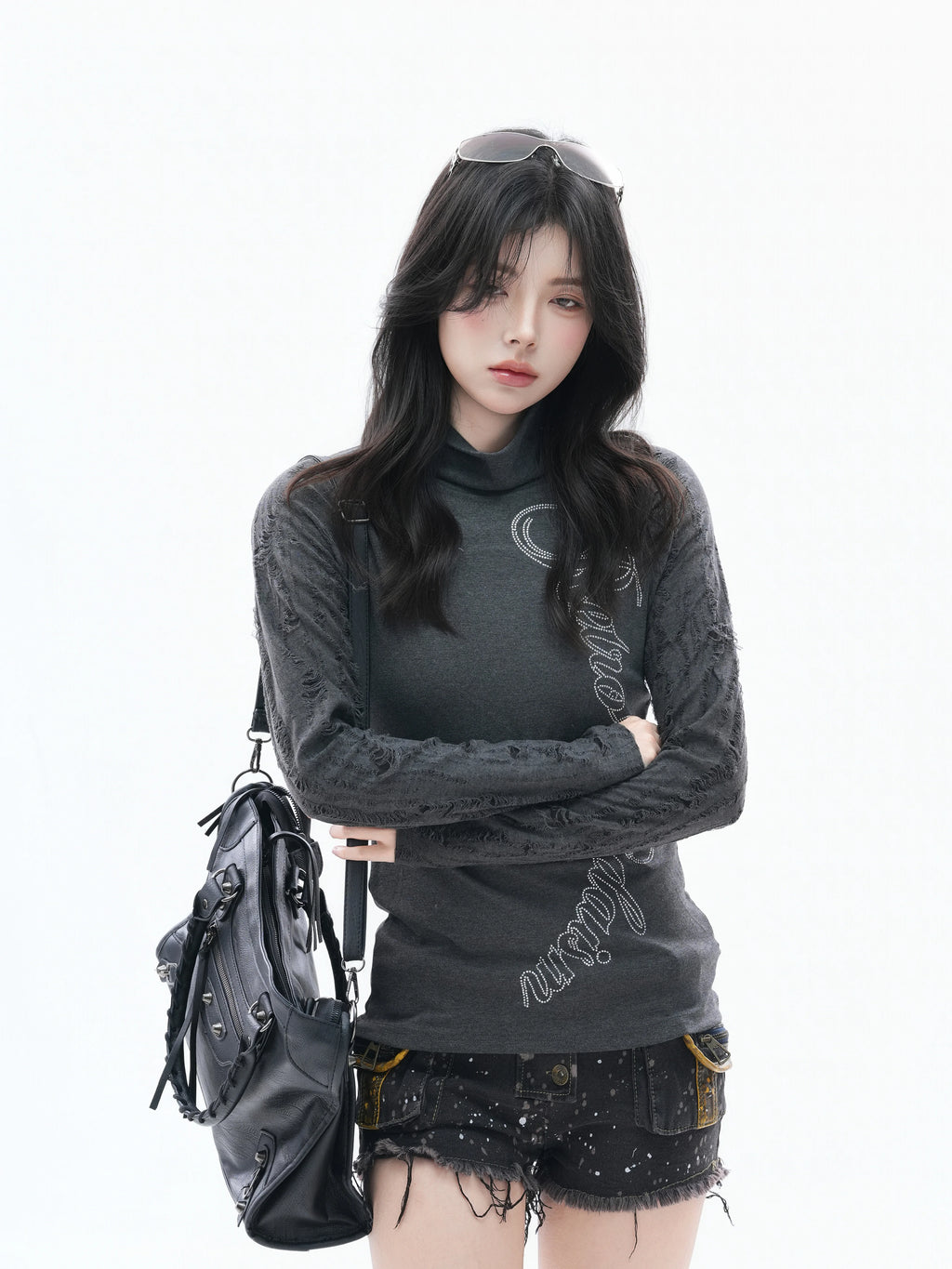 Zuocisankon High Neck Slim Fit Hot Diamond Long Sleeves