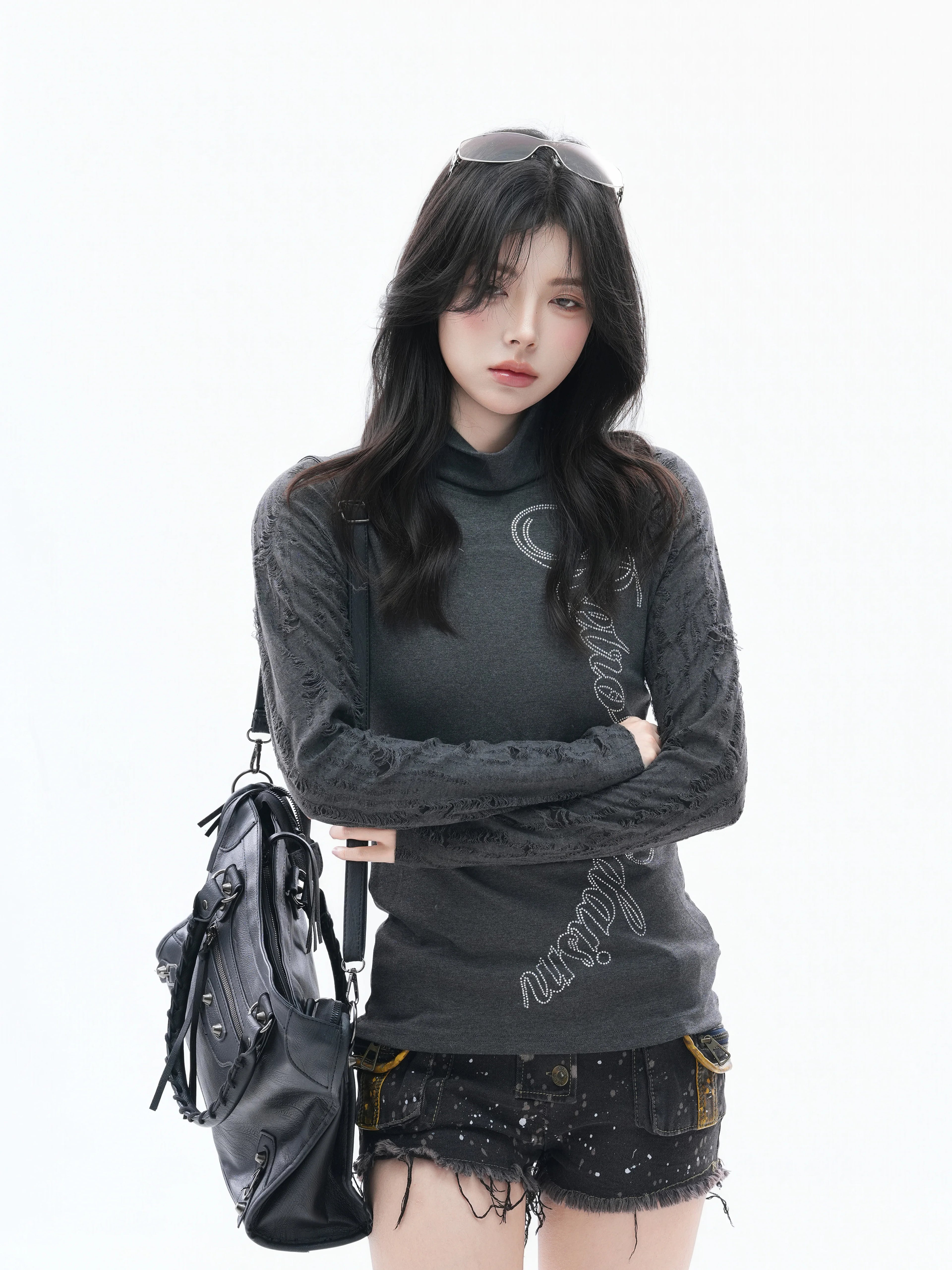 Zuocisankon High Neck Slim Fit Hot Diamond Long Sleeves