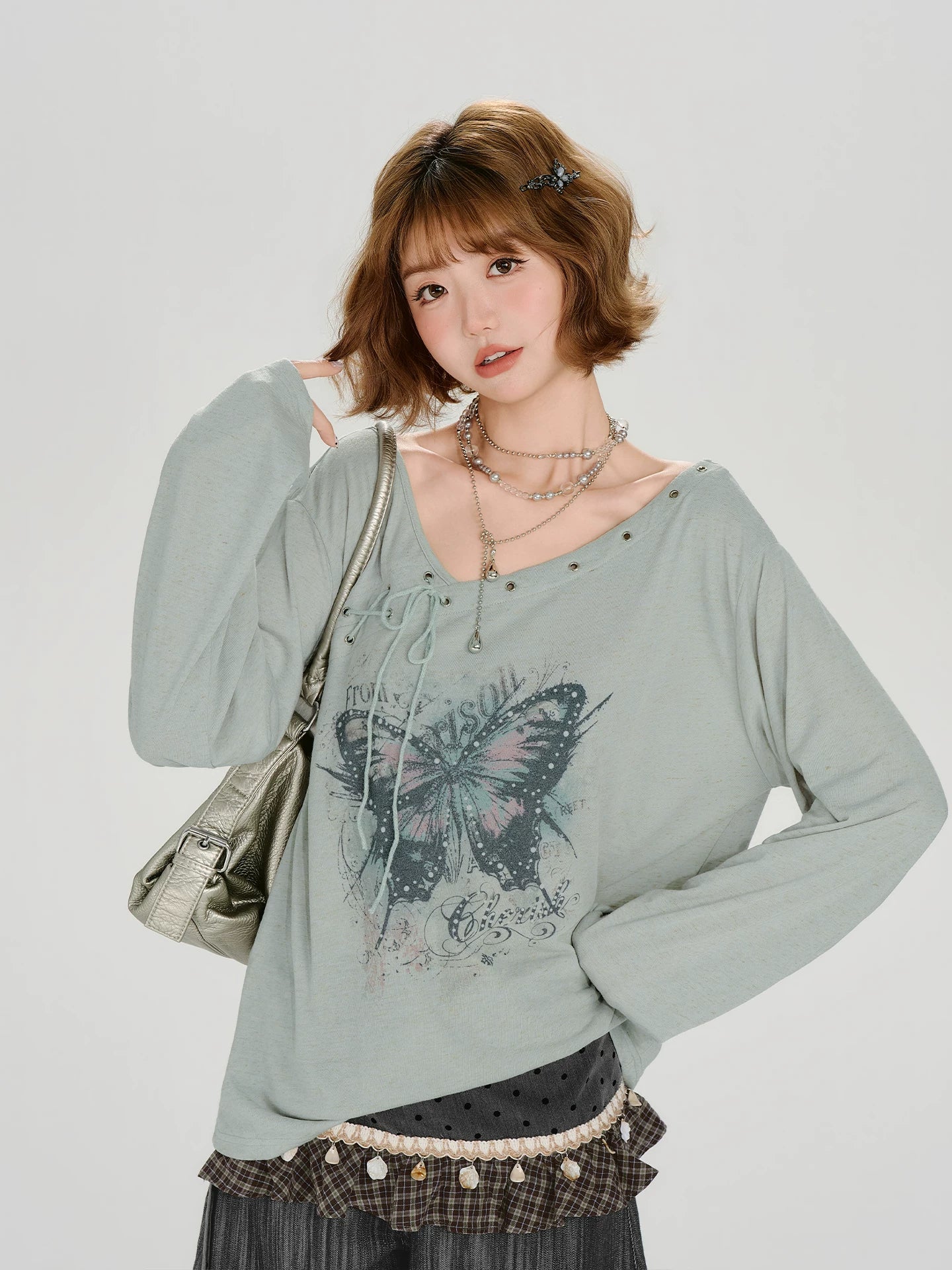 Girlyhalo Vintage V-neck Slim Loose Tee