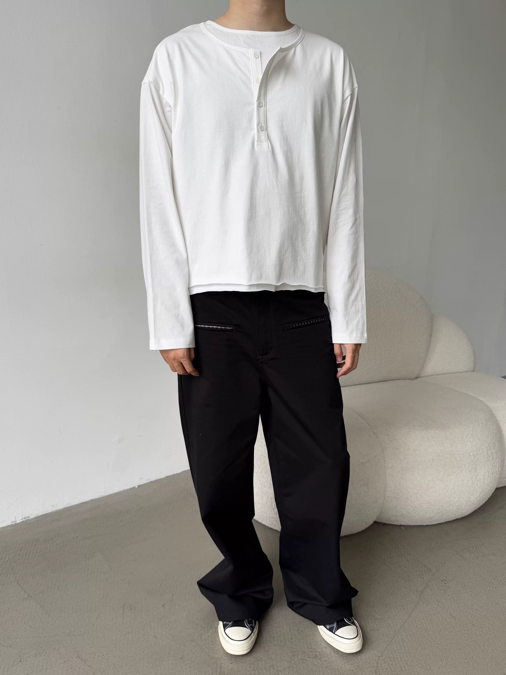 Erole Henry Double Neck Solid Color Long Sleeve T-Shirt