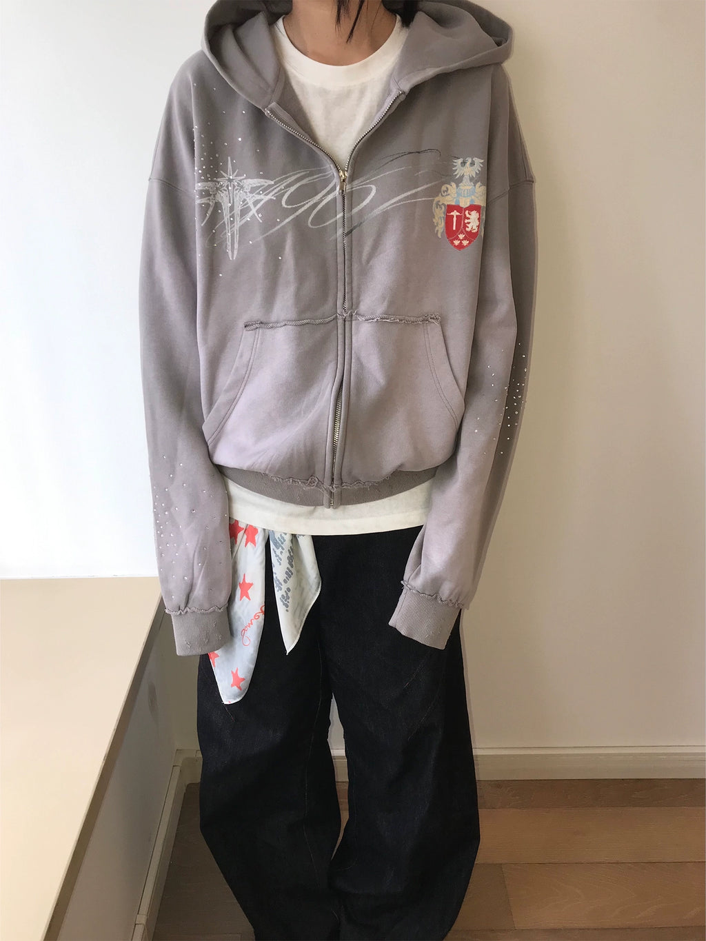 WASE Old Damage Print Hooded Hot Drill Short Wide Zipper Sweater