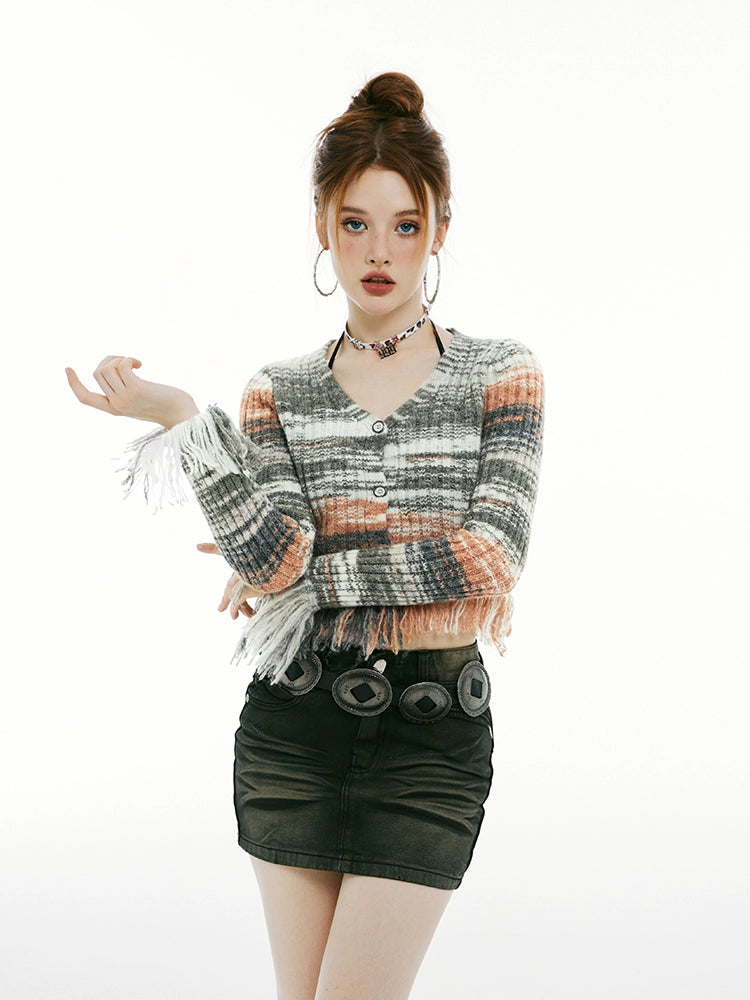 Imone Irregular Gradual Change Contrasting Tassel V-neck Knitted Sweater