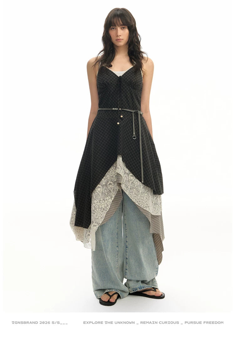 TGNS Checked Lace Stitching Dress