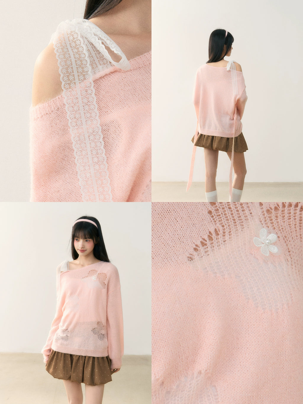 Umoumo Sweet Lace-up Knit Blouse