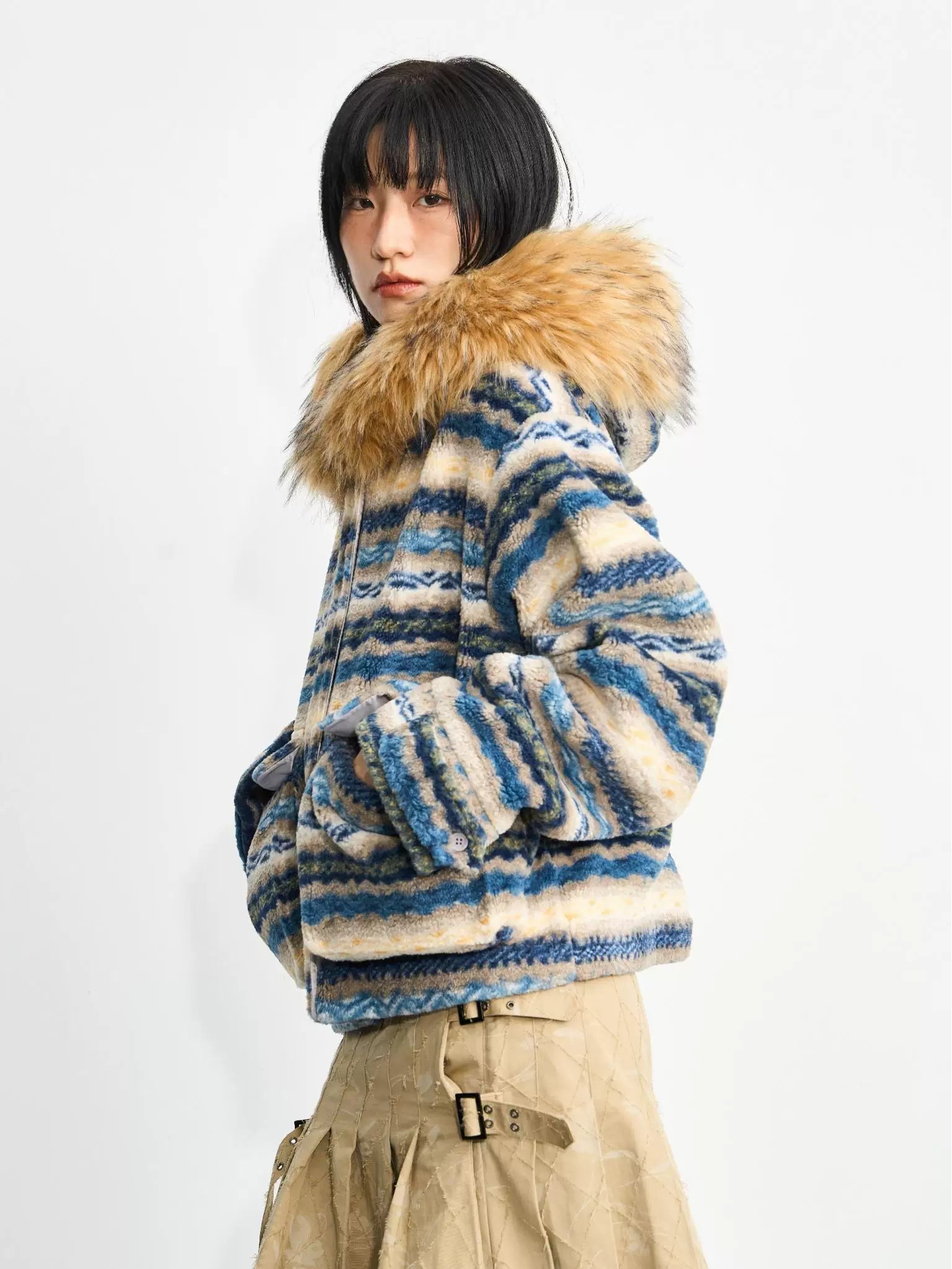 Enteralt Removable Large Fur Collar Three-dimensional Pocket Lamb Wool Jacket