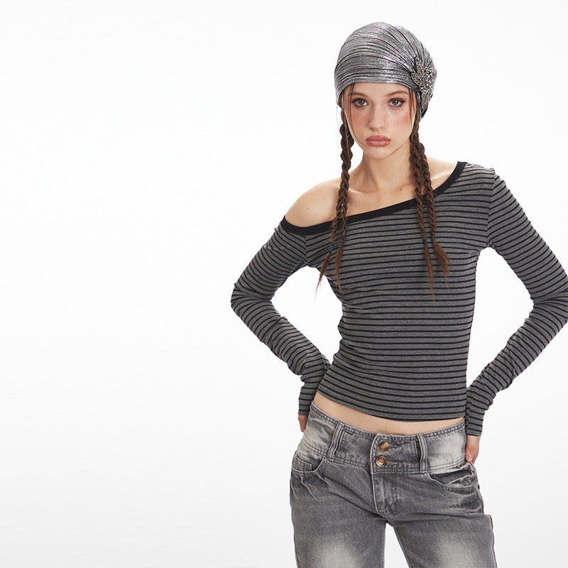 Nariele Striped Slant Neck Slim Off-Shoulder Long Sleeves