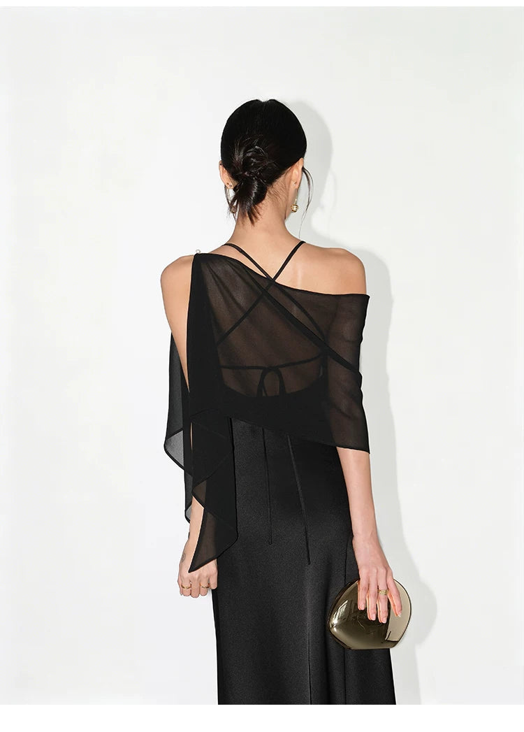 NEVA HU Satin V-neck Shawl Halter Suspender Dress