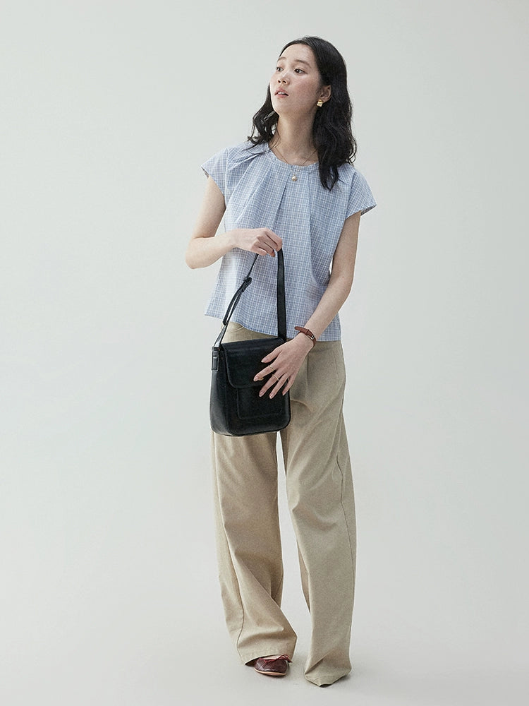 VOOE Contrast Checked Pleated Loose Fly Sleeve Shirt