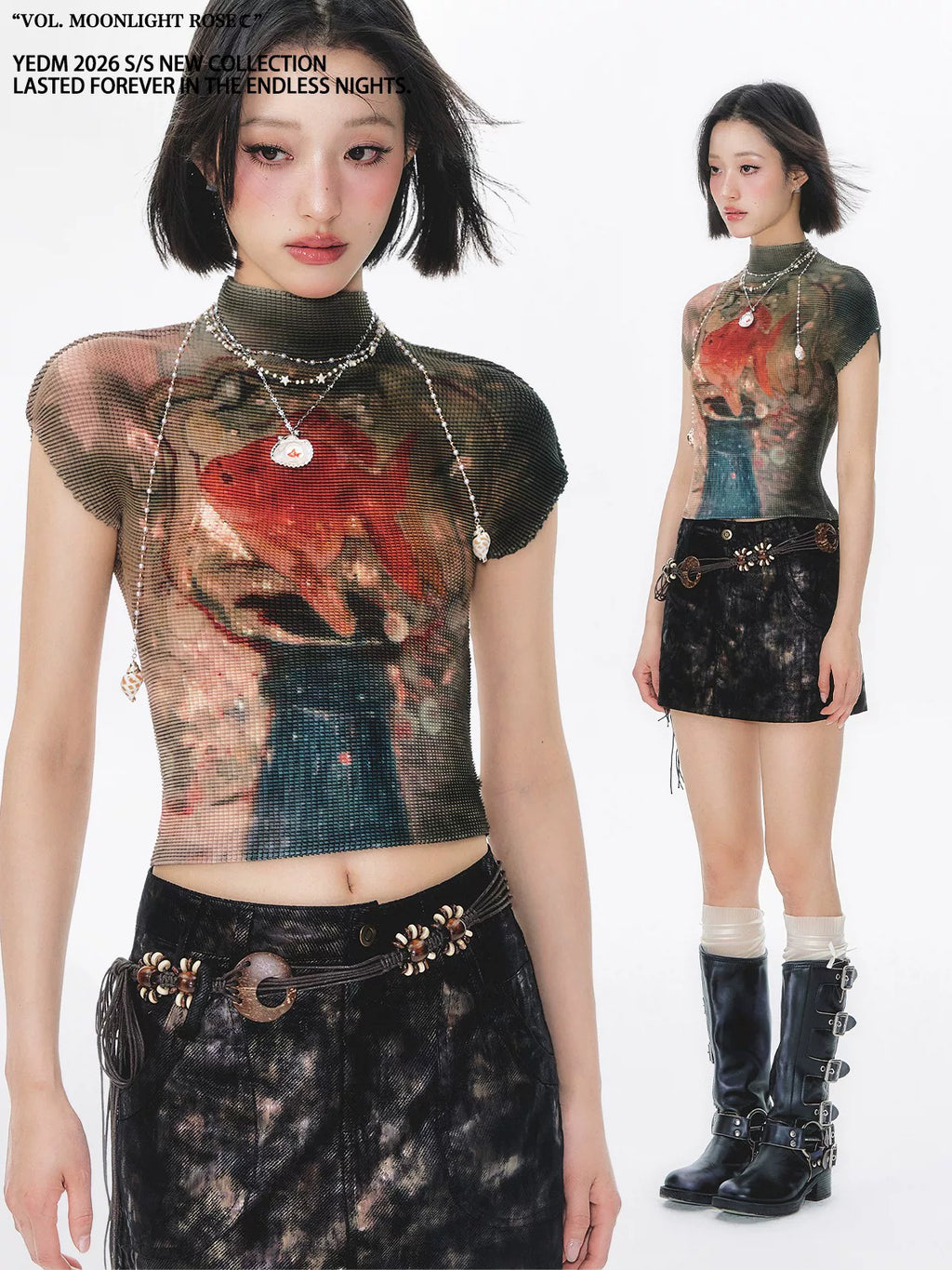 YEDM Goldfish Print Short Pleated Short Tee