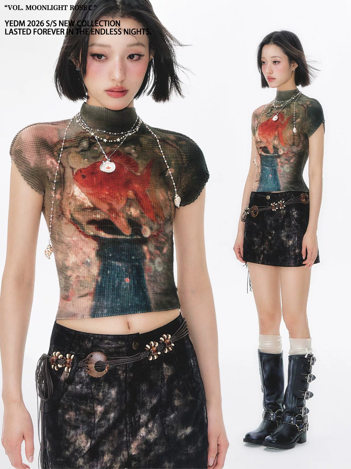 YEDM Goldfish Print Short Pleated Short Tee