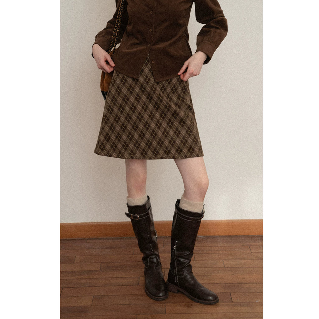 EGGKA Retro Plaid Fishtail Slim Skirt