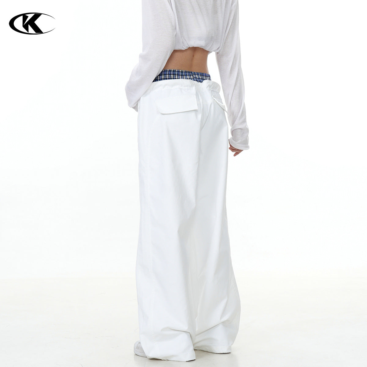 11KN retro plaid splicing fake two-piece paratrooper pants