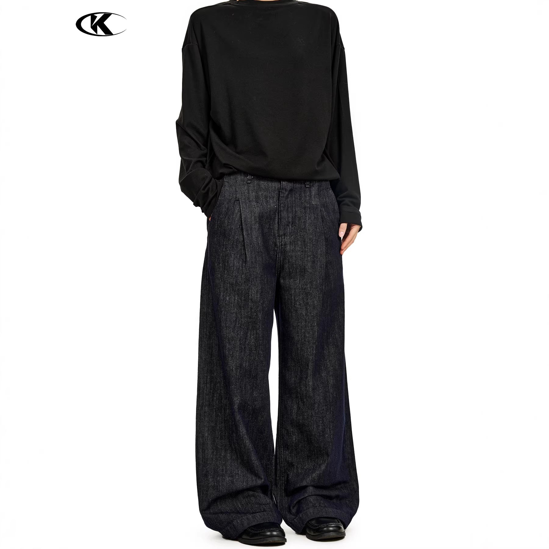 11KN Retro Simple Straight Double Pleated Loose Wide-leg Pants