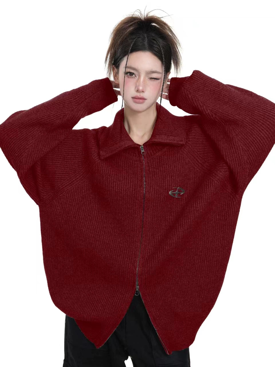 KDASE Double Zipper Stand-up Neck Sweater Jacket