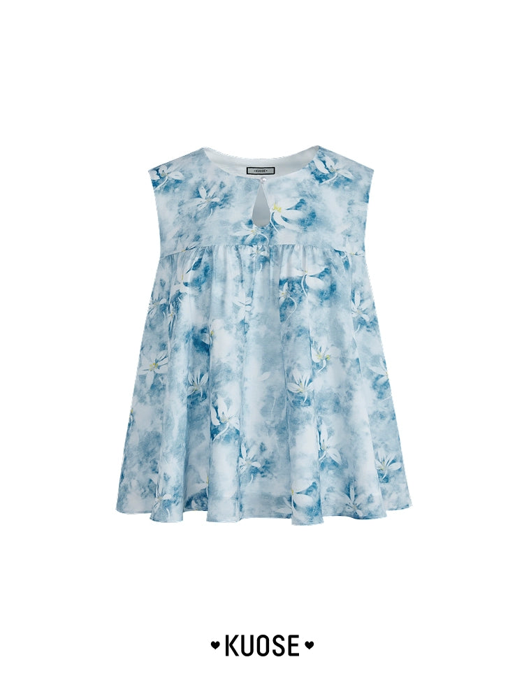 Kuose Floral Sleeveless Vest Top Skirt Two-piece Set