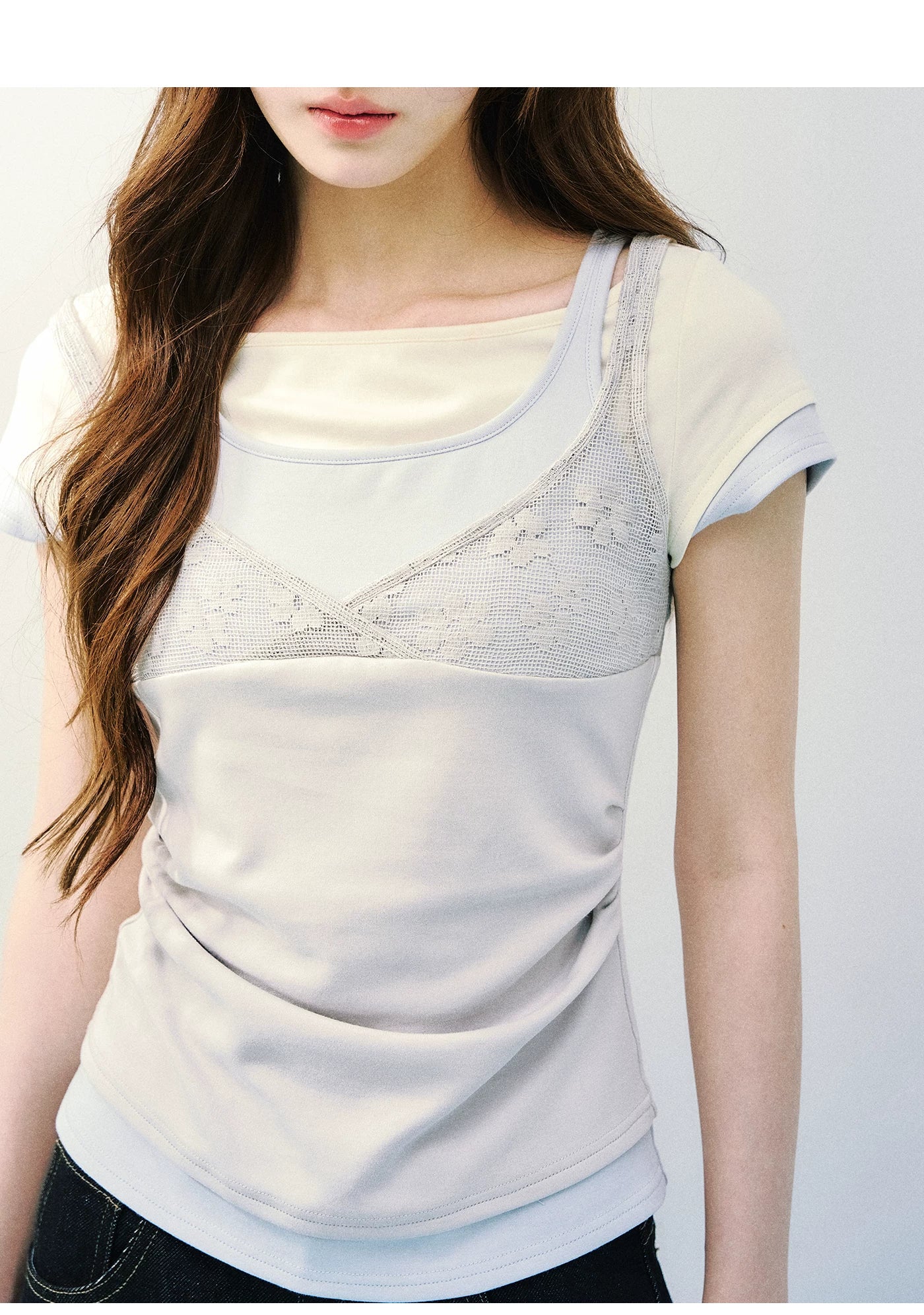 SunsetPark Fake Three Piece Lace Sling Vest Knitted Tee