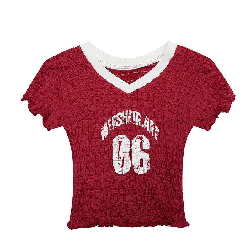 Nariele Pleated Contrasting V-neck Letter Print Tee