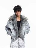 Lightinus Grey and White Camouflage Faux Wolf Hair Lapel Embroidered Padded Jacket