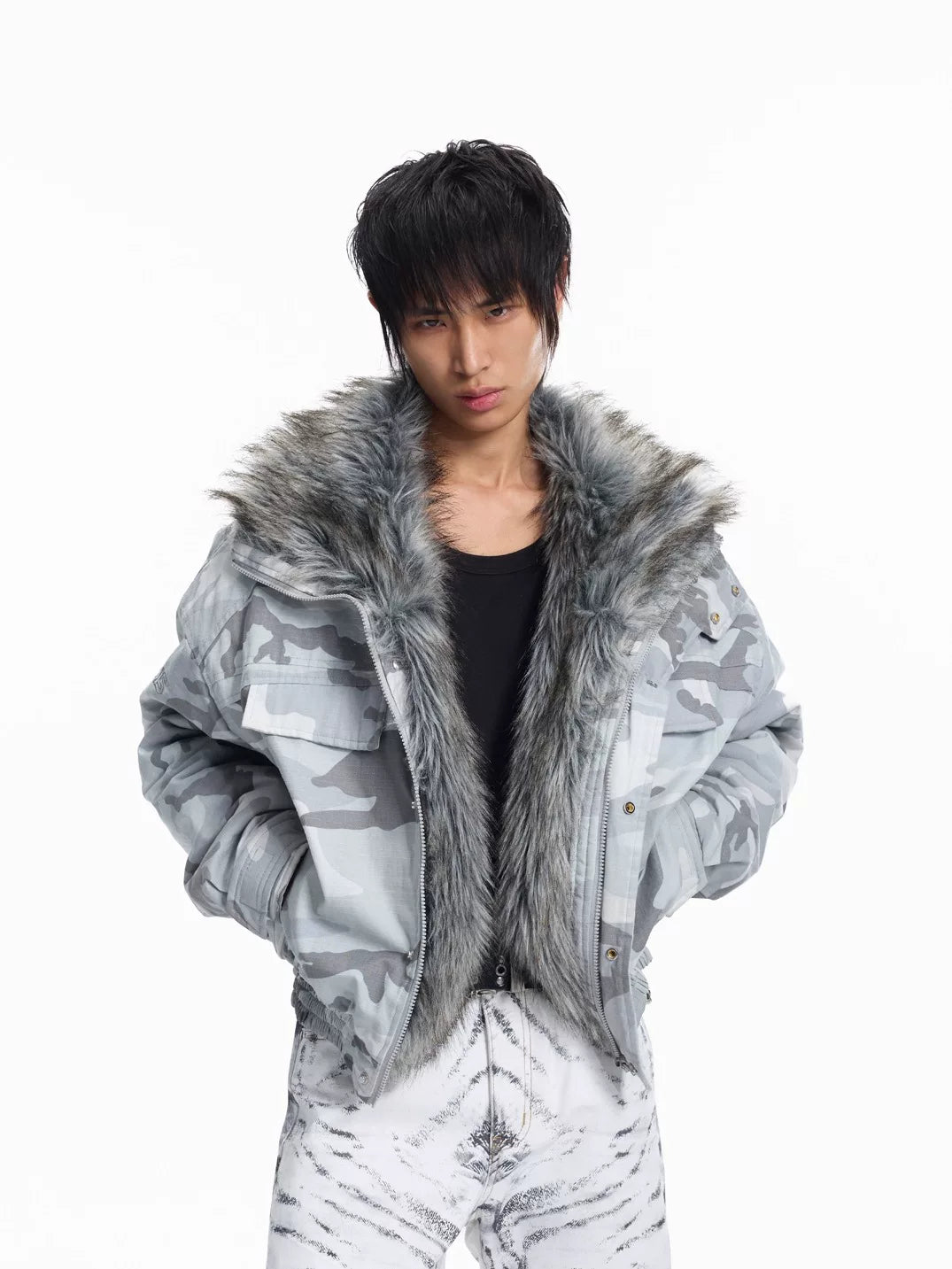 Lightinus Grey and White Camouflage Faux Wolf Hair Lapel Embroidered Padded Jacket