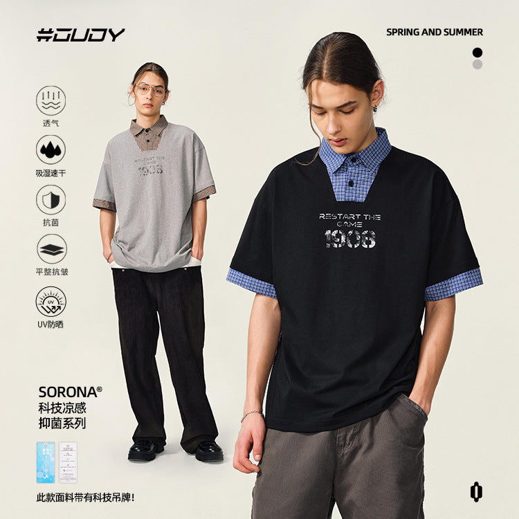 OVDY Retro Loose Contrasting Color Lapel Polo Shirt