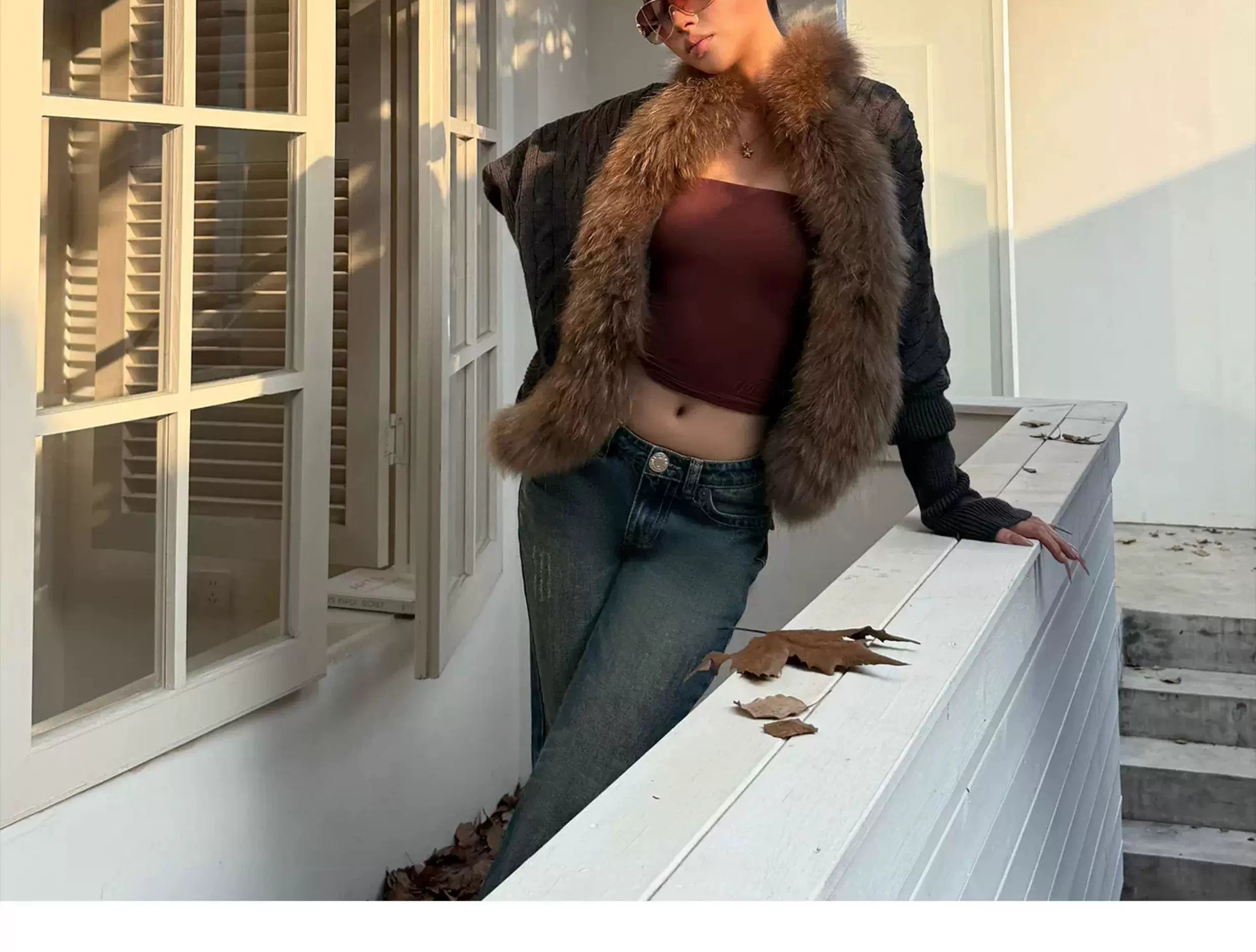 Audwyn Raccoon Fur Knitted Sweater Bat Sleeve Lazy Jacket