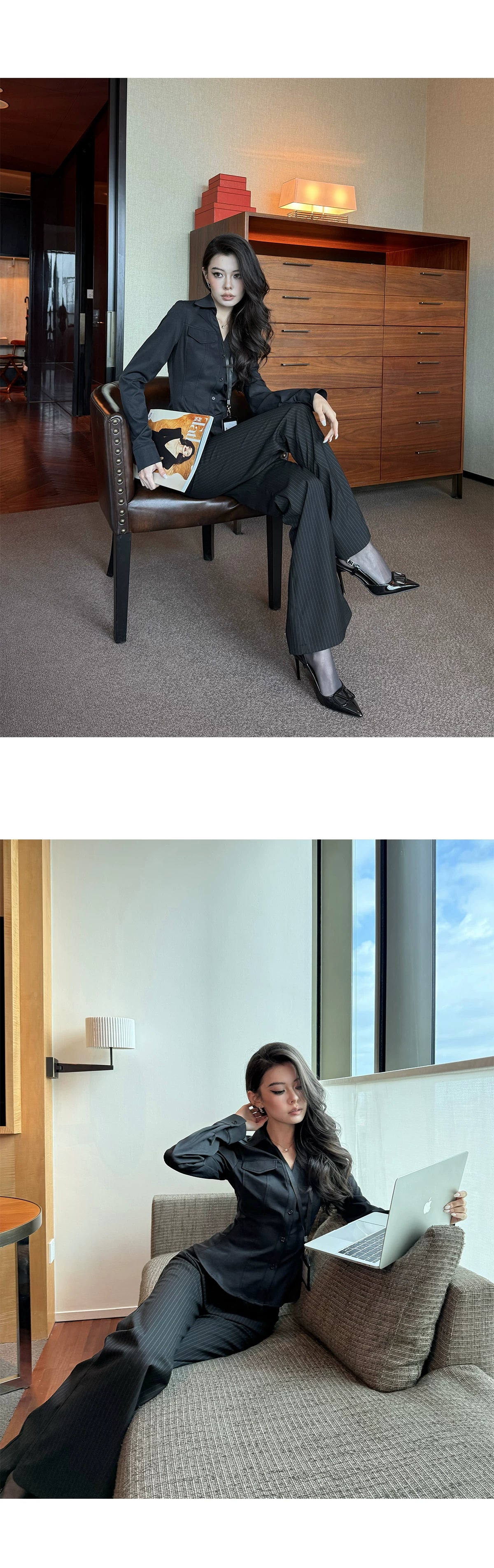 LLROGE Slim-fit Slim-fitting Long-sleeved Shirt Striped Drape Trousers