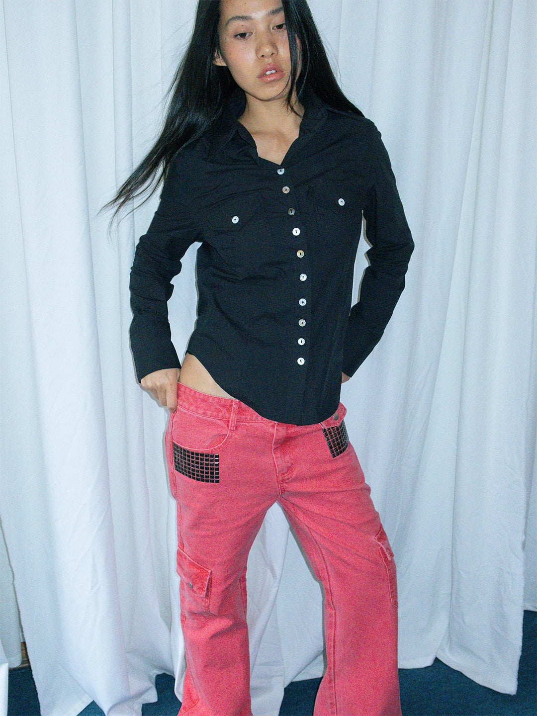 FUNKYFUN Lapel Twist Rope Waist Front Shoulder Shirt Jacket