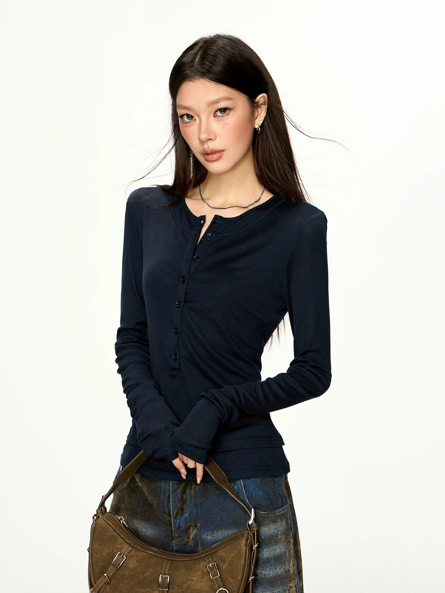 Cherry Melody Henry Shirt Collar Fake Two Long Sleeves